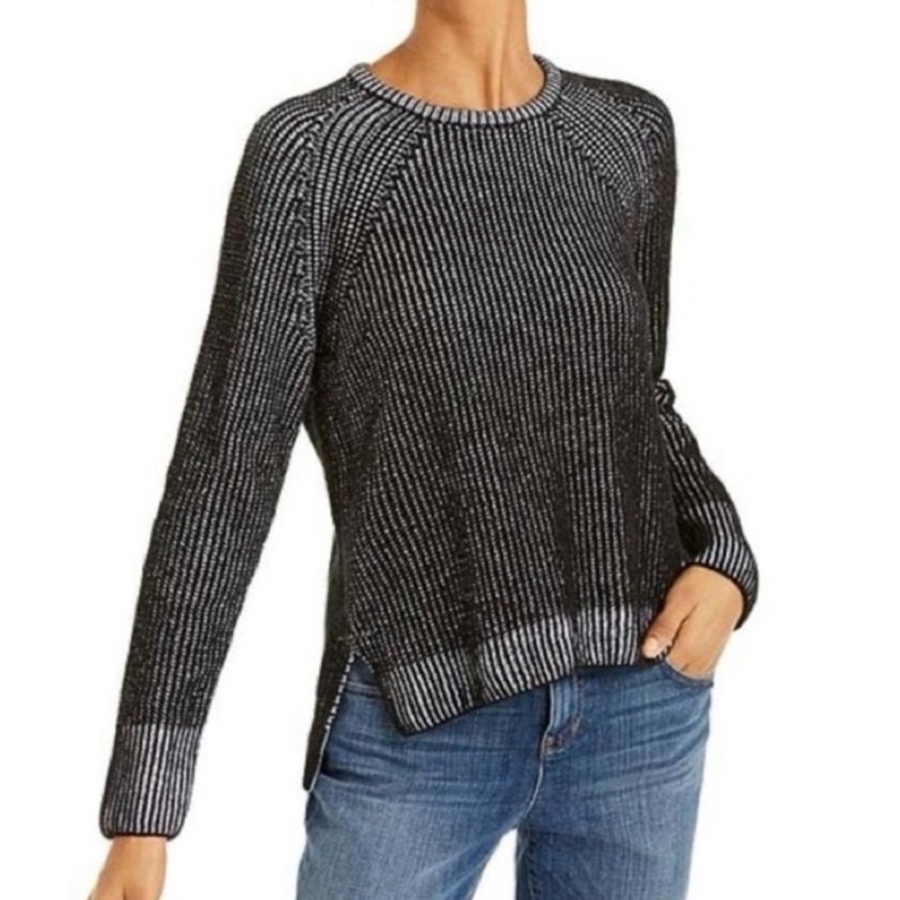 Eileen Fisher organic cotton, black and white crew neck sweater notched hem